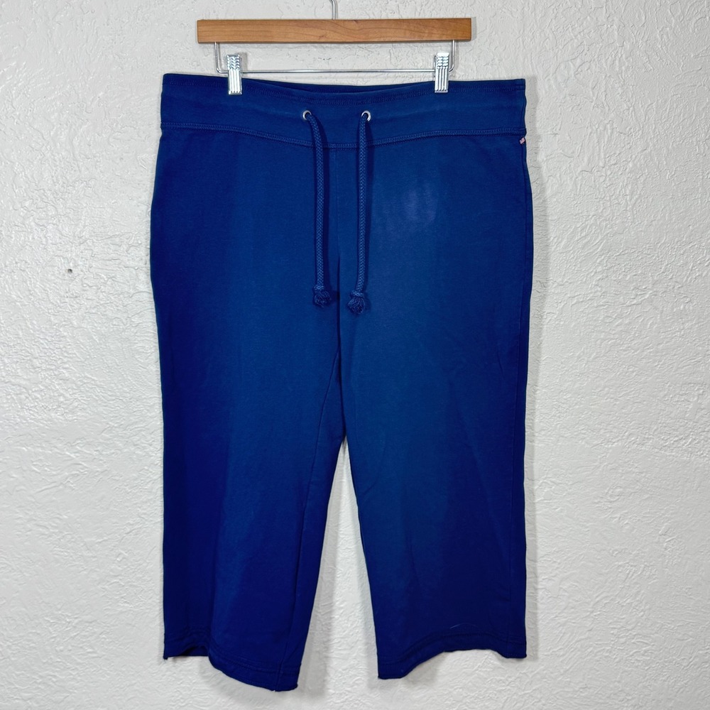 Polo Ralph Lauren Wide Leg Cropped Sweatpants Lg Navy Drawstring Travel USA Flag